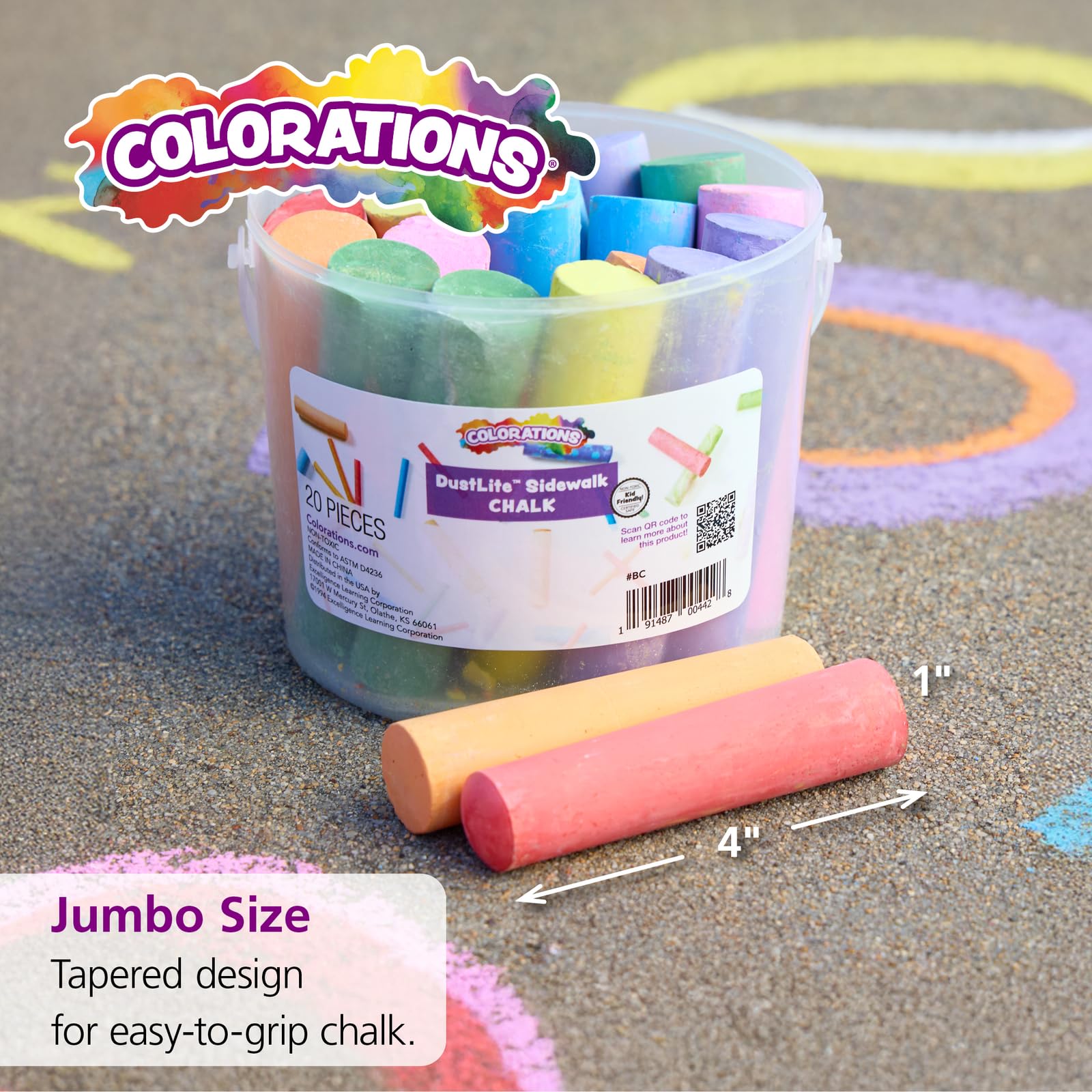 Colorations Jumbo Washable Sidewalk Chalk Set, 20 Pieces, 8 Colors, Non-Toxic, Ages 4+
