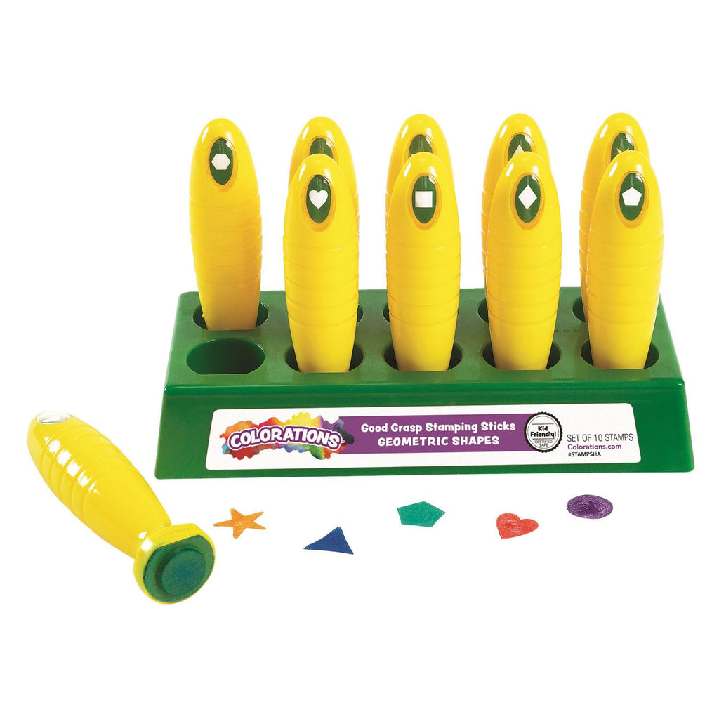 Colorations Shapes Stamping Sticks Set of 10 – Easy-Grip Handles, 10 Geometric Shapes, Storage Tray Included