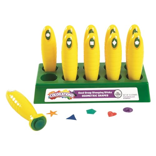Colorations Shapes Stamping Sticks Set of 10 – Easy-Grip Handles, 10 Geometric Shapes, Storage Tray Included