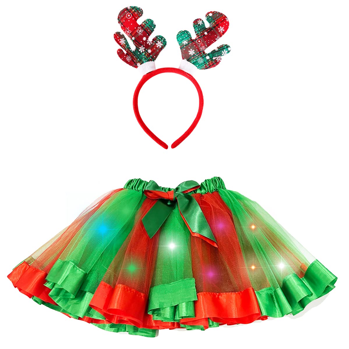 COLORFUL BLING Light Up Tutu Dress with Antler Headband for Girls - Glowing Ballet Skirt Costume for Stage, Christmas, Halloween