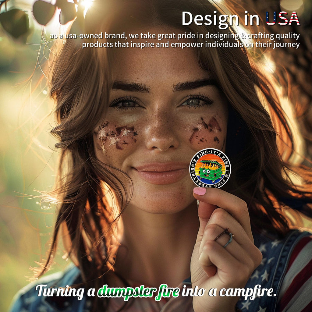 Colorful Dumpster Fire Challenge Coin – Hilarious 'This is Fine' Desk Accessory for Coworkers