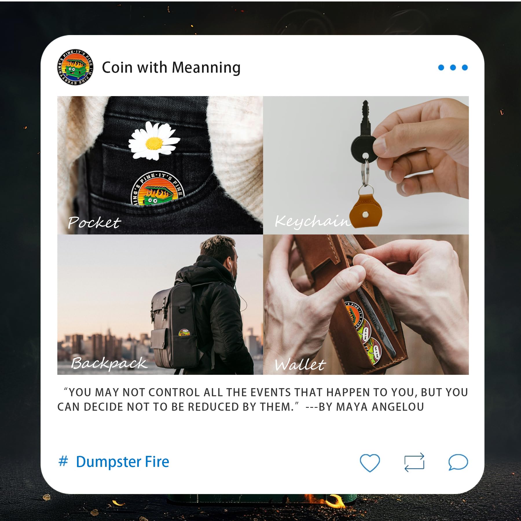 Colorful Dumpster Fire Challenge Coin – Hilarious 'This is Fine' Desk Accessory for Coworkers