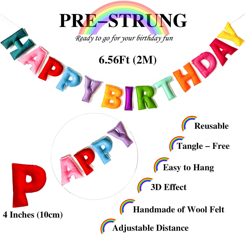 Colorful Felt Happy Birthday Banner – Pre-Strung, Reusable Rainbow Party Garland