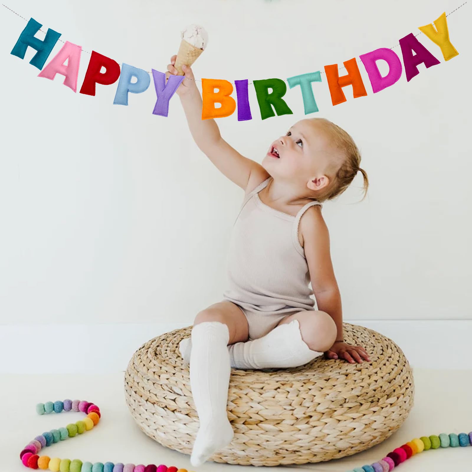 Colorful Felt Happy Birthday Banner – Pre-Strung, Reusable Rainbow Party Garland