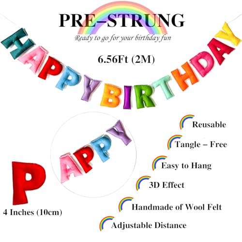 Colorful Felt Happy Birthday Banner – Pre-Strung, Reusable Rainbow Party Garland