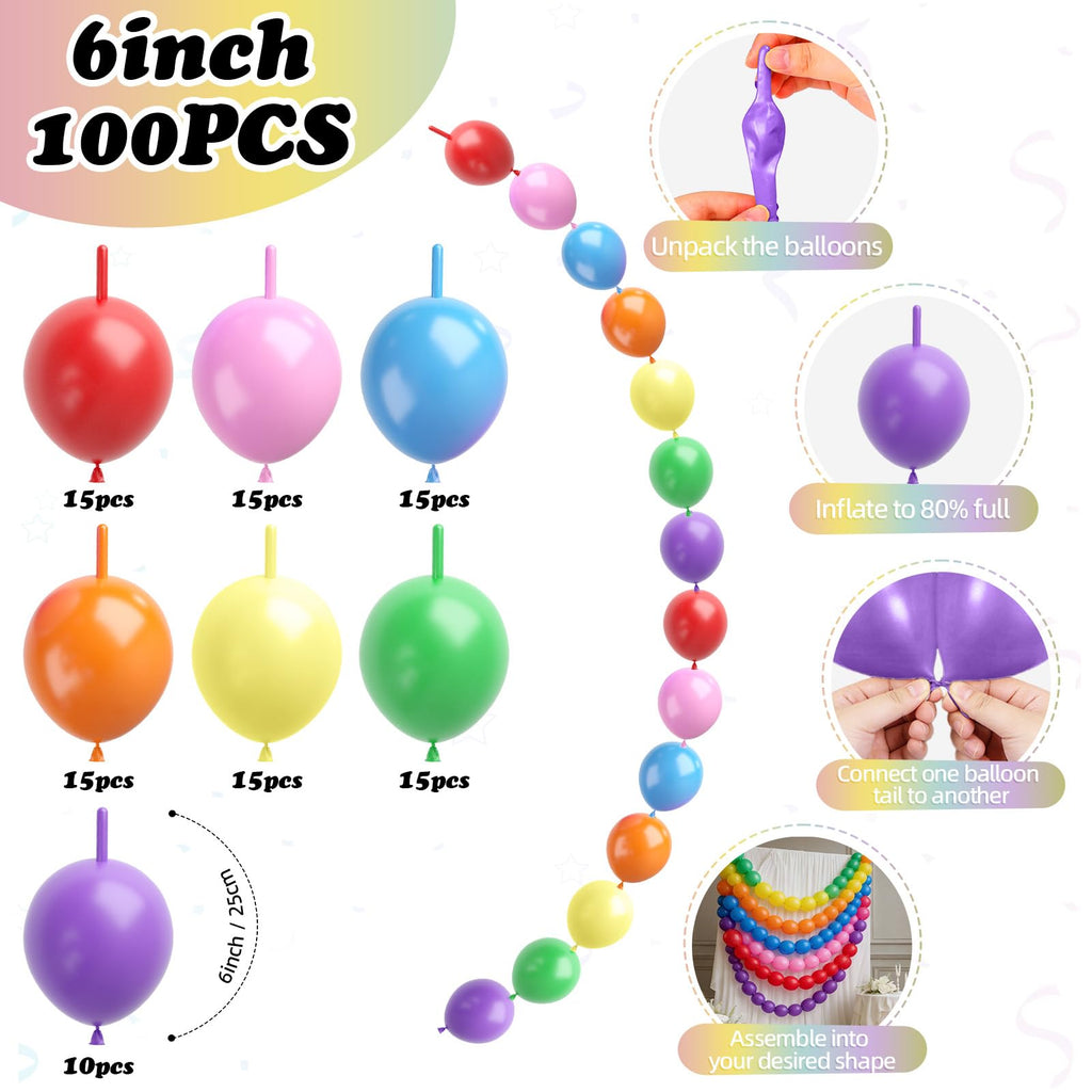 Colorful Linking Balloons - 100 Pack of 6 Inch Tails Balloons for Arches, Walls, and Garlands - Rainbow Colors for Weddings, Birthdays, Parties