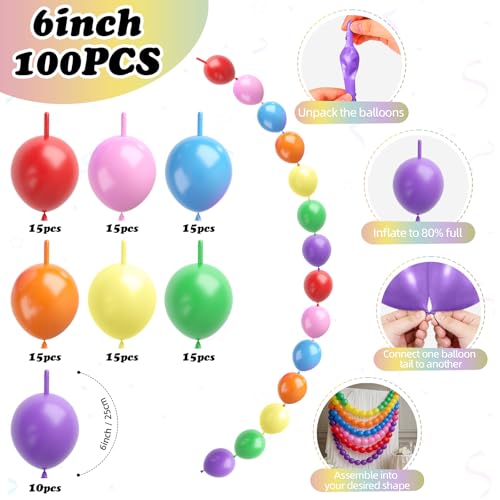 Colorful Linking Balloons - 100 Pack of 6 Inch Tails Balloons for Arches, Walls, and Garlands - Rainbow Colors for Weddings, Birthdays, Parties