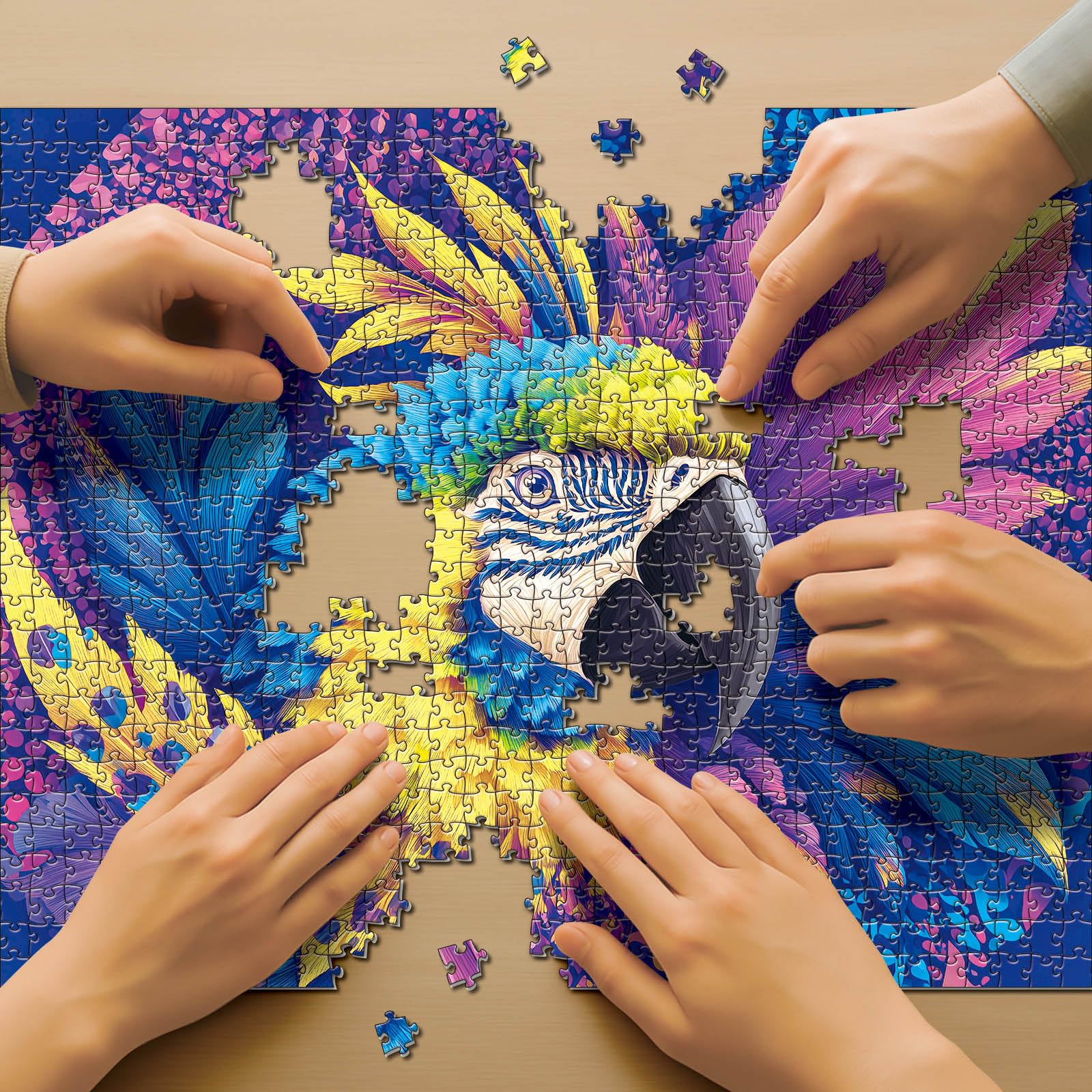 Colorful Macaw Parrot 1000 Piece Puzzle – Vibrant Blue Yellow Purple Feathers, No Puzzle Dust