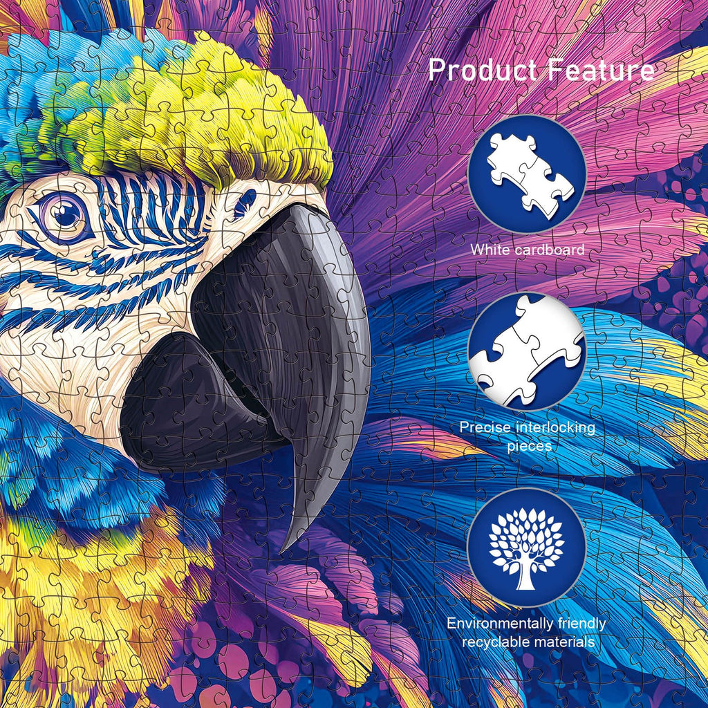 Colorful Macaw Parrot 1000 Piece Puzzle – Vibrant Blue Yellow Purple Feathers, No Puzzle Dust