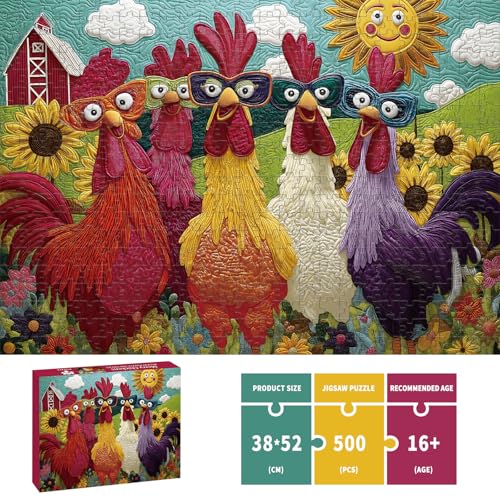 Colorful Rooster Jigsaw Puzzle 500 Pieces – STYISHANG Funny Chicken Puzzle with Poster and Letter Sorting
