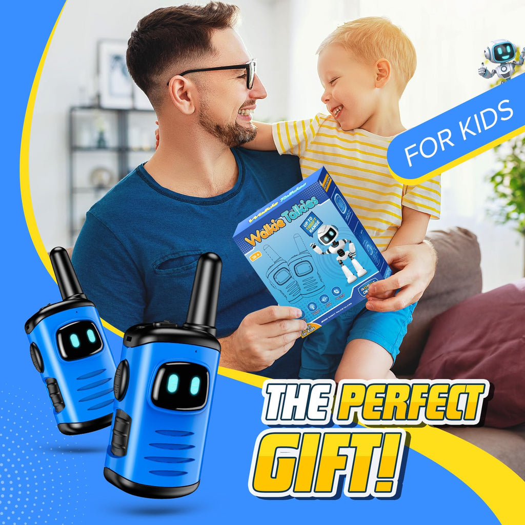 comedyfun Kids Walkie Talkies 2-Pack: Mini Robot Design for Ages 3-8, 1000 Feet Range, Blue