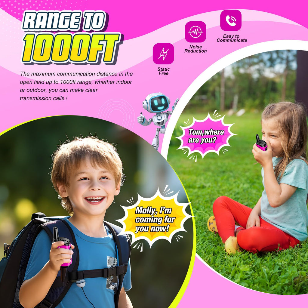 comedyfun Mini Robot Walkie Talkies for Girls - Pink 2 Pack, Lightweight and Durable Toy for Ages 3-6, Up to 1000 Feet Range, Push-to-Talk, Gift for Outdoor Play