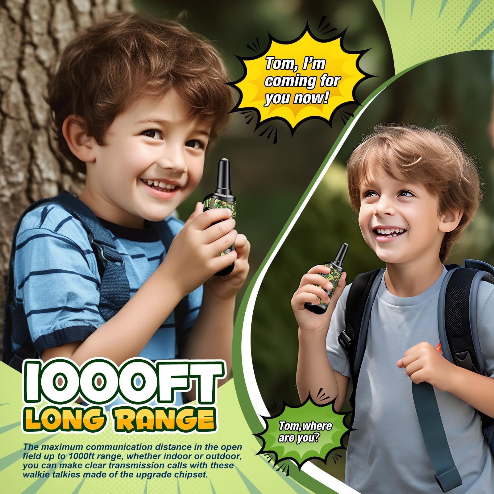 comedyfun Mini Robot Walkie Talkies for Kids 3-8 Years, 2 Pack, Green Camo, 1000ft Range, Lightweight Toy