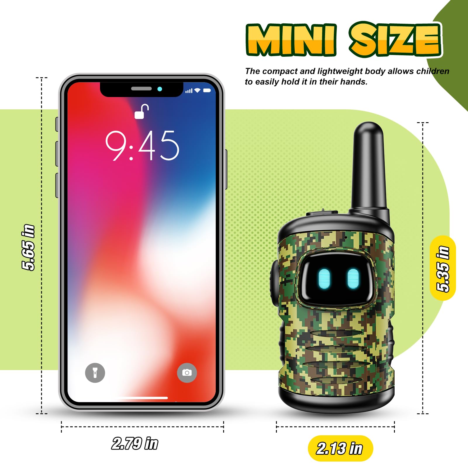 comedyfun Mini Robot Walkie Talkies for Kids 3-8 Years, 2 Pack, Green Camo, 1000ft Range, Lightweight Toy