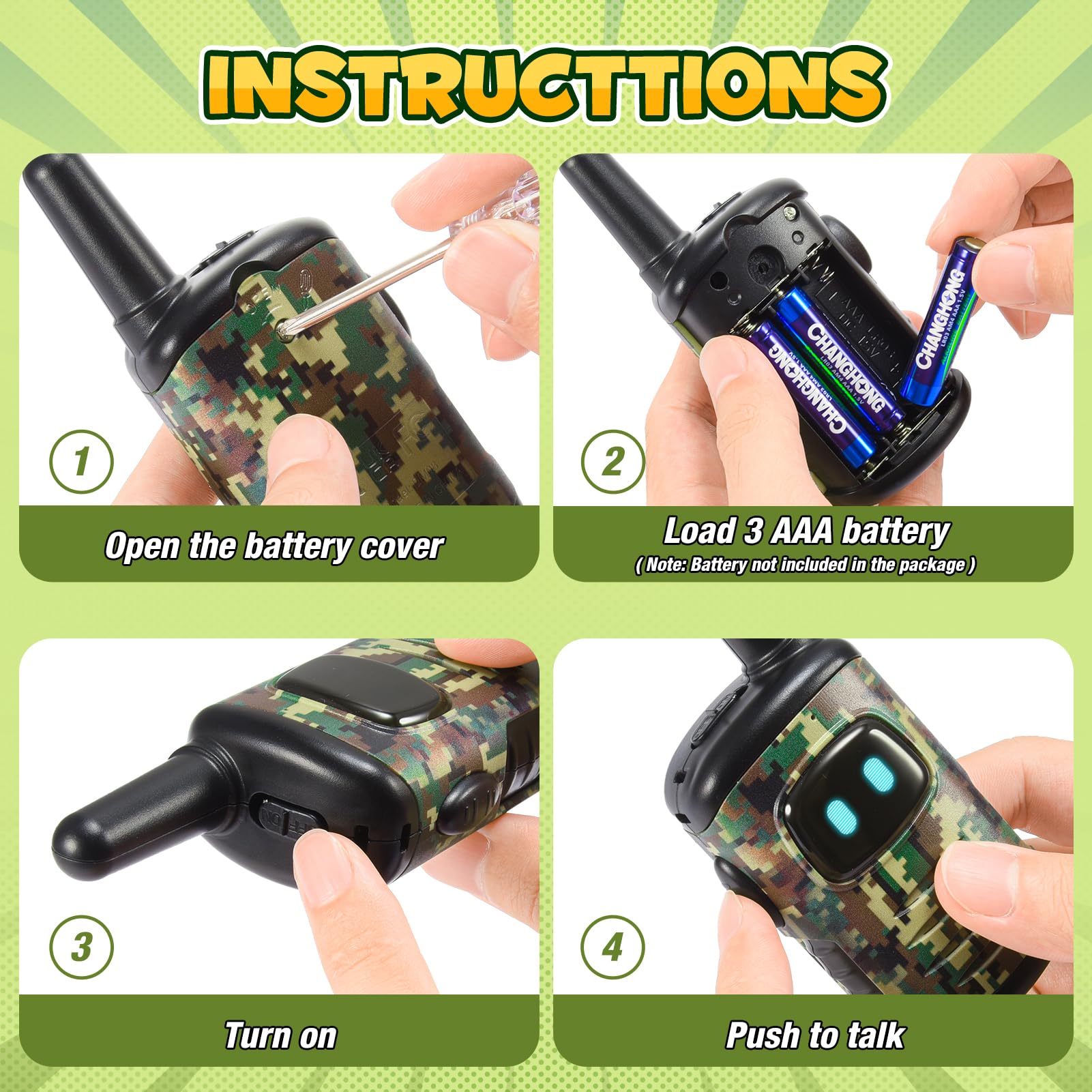 comedyfun Mini Robot Walkie Talkies for Kids 3-8 Years, 2 Pack, Green Camo, 1000ft Range, Lightweight Toy