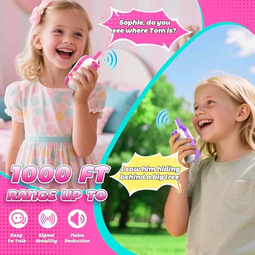 comedyfun Unicorn Rechargeable Walkie Talkies for Kids: 2-Pack Pink Purple, 2 Channels, 1000 ft Range, Lightweight, Gift for Girls Ages 3-7