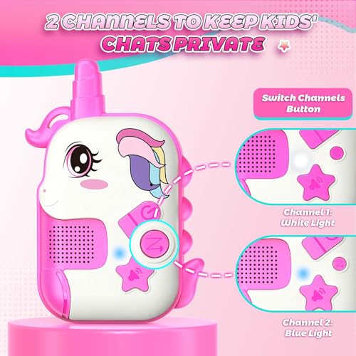 comedyfun Unicorn Rechargeable Walkie Talkies for Kids: 2-Pack Pink Purple, 2 Channels, 1000 ft Range, Lightweight, Gift for Girls Ages 3-7