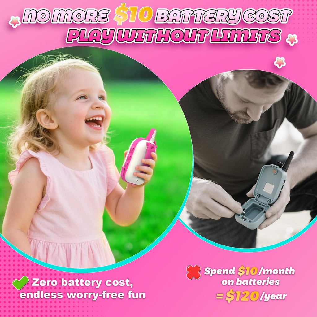 comedyfun Unicorn Rechargeable Walkie Talkies for Kids: 2-Pack Pink Purple, 2 Channels, 1000 ft Range, Lightweight, Gift for Girls Ages 3-7