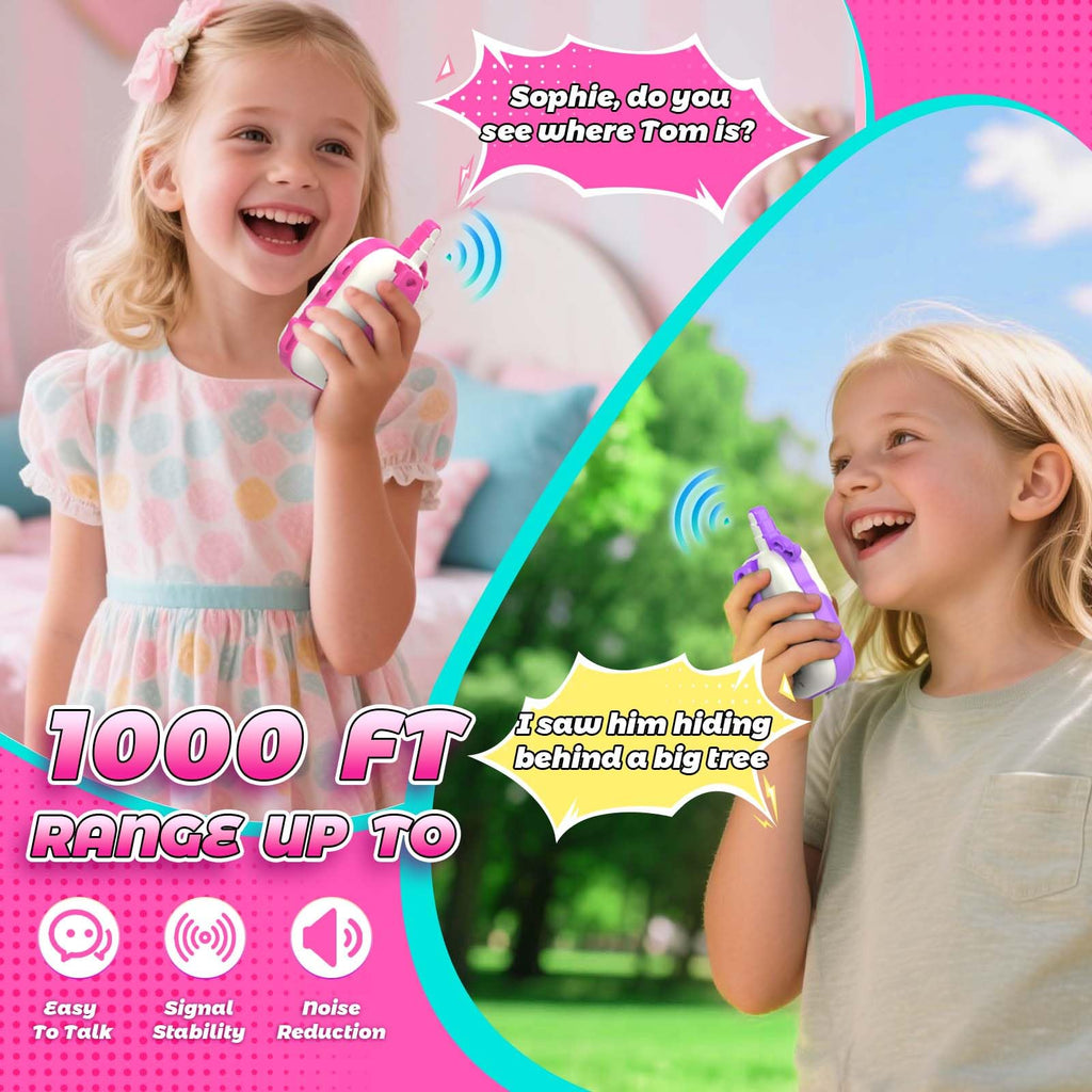 comedyfun Unicorn Rechargeable Walkie Talkies for Kids: 2-Pack Pink Purple, 2 Channels, 1000 ft Range, Lightweight, Gift for Girls Ages 3-7