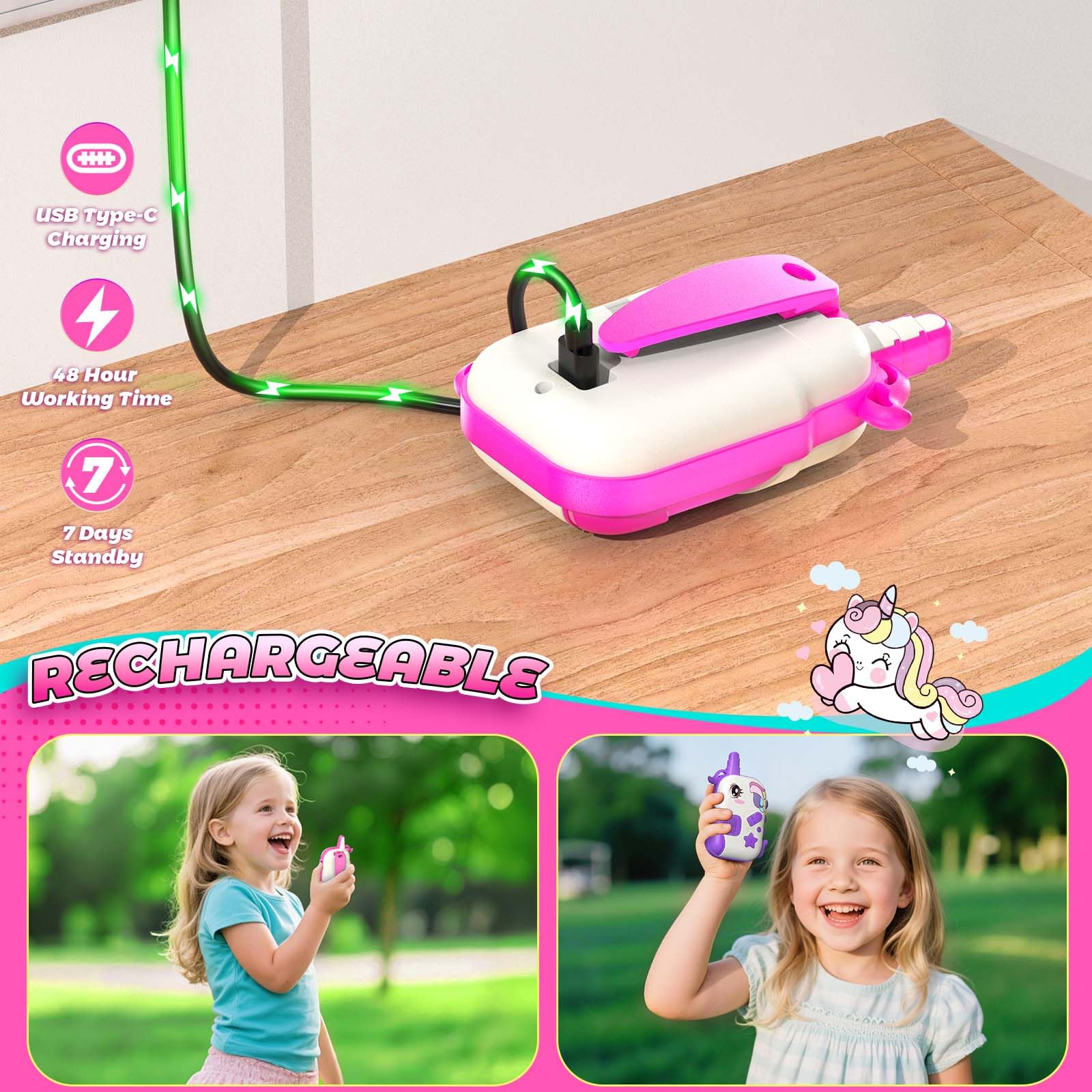 comedyfun Unicorn Rechargeable Walkie Talkies for Kids: 2-Pack Pink Purple, 2 Channels, 1000 ft Range, Lightweight, Gift for Girls Ages 3-7