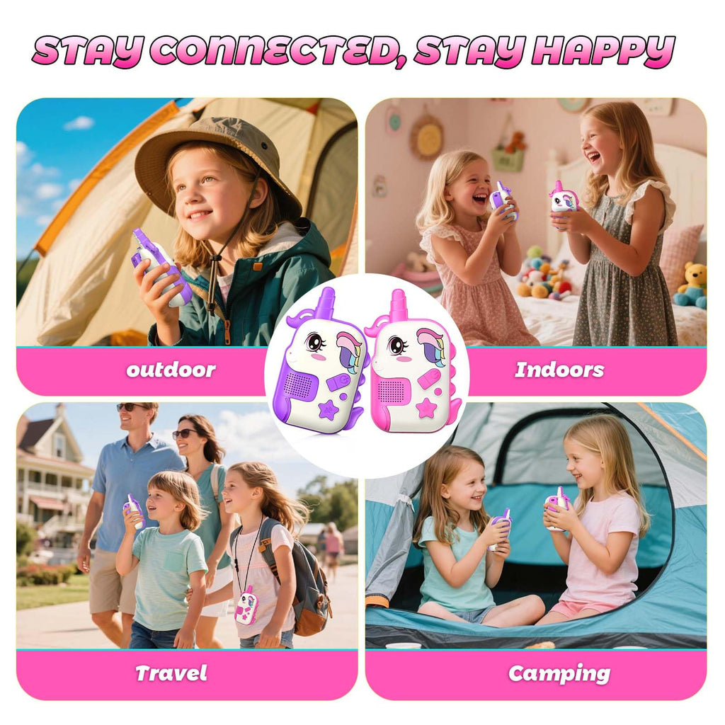 comedyfun Unicorn Rechargeable Walkie Talkies for Kids: 2-Pack Pink Purple, 2 Channels, 1000 ft Range, Lightweight, Gift for Girls Ages 3-7