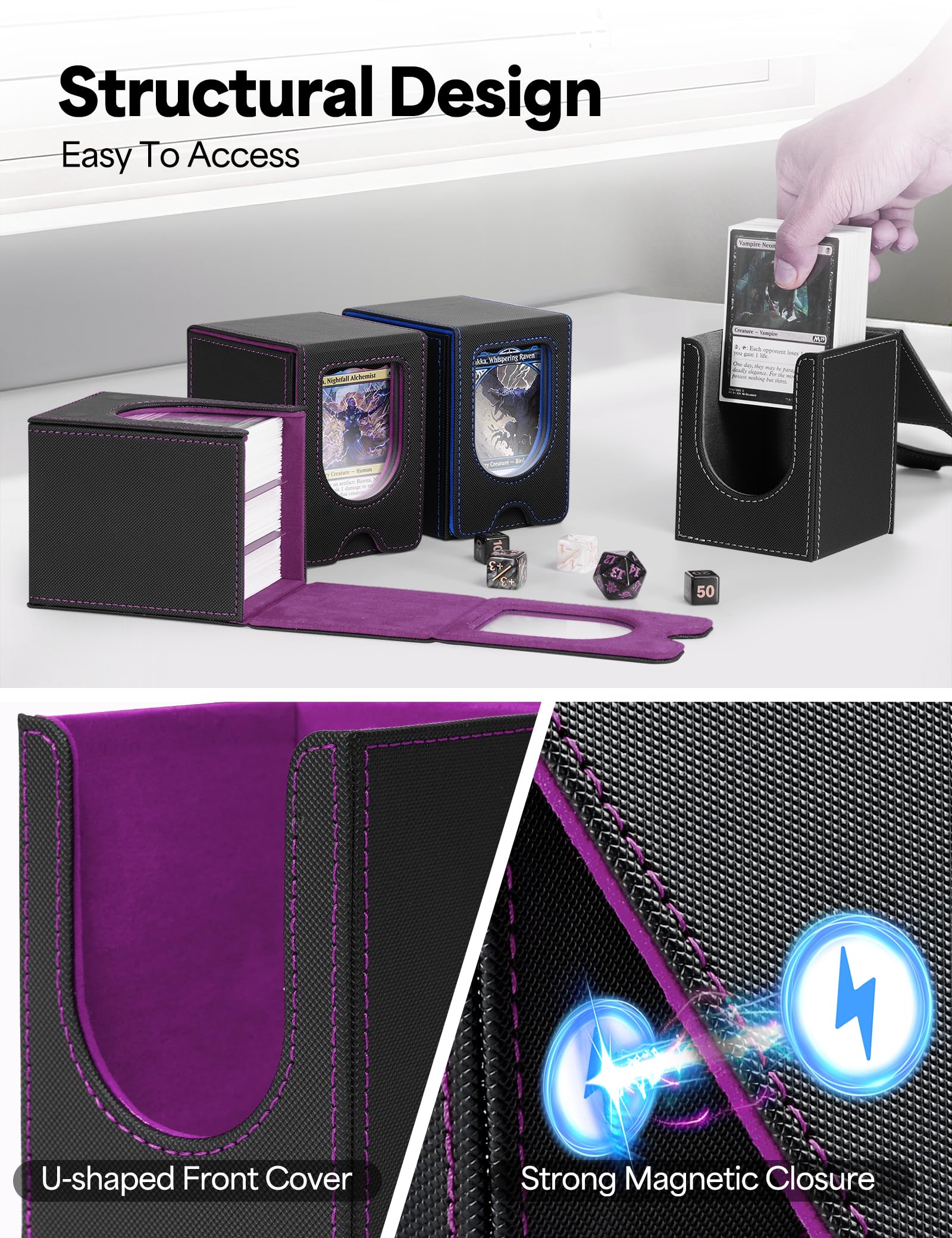 Commander Deck Box with Front Display Window – Holds 100+ Double-Sleeved Cards (Black & Purple)