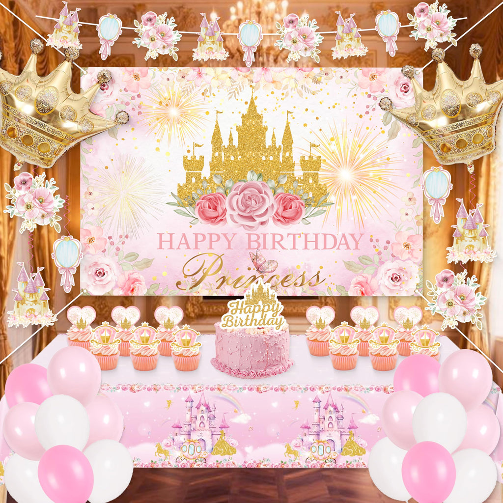 Complete Princess Birthday Decorations Set by Jenlion – Includes Backdrop, Banner, Foil Balloons & Tablecloth