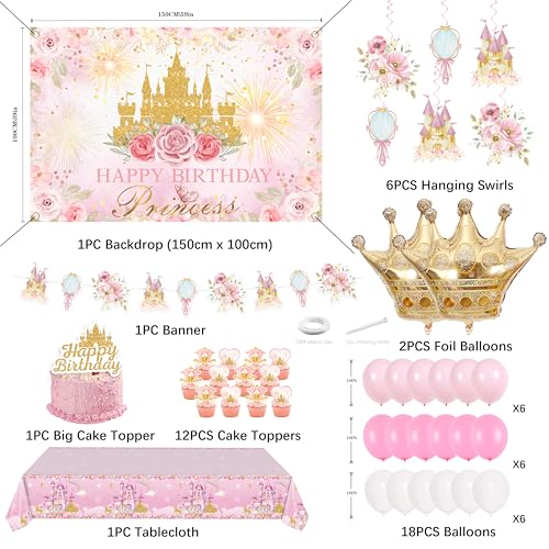Complete Princess Birthday Decorations Set by Jenlion – Includes Backdrop, Banner, Foil Balloons & Tablecloth