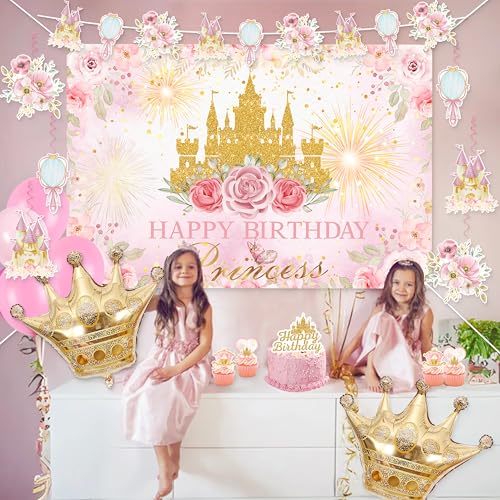 Complete Princess Birthday Decorations Set by Jenlion – Includes Backdrop, Banner, Foil Balloons & Tablecloth