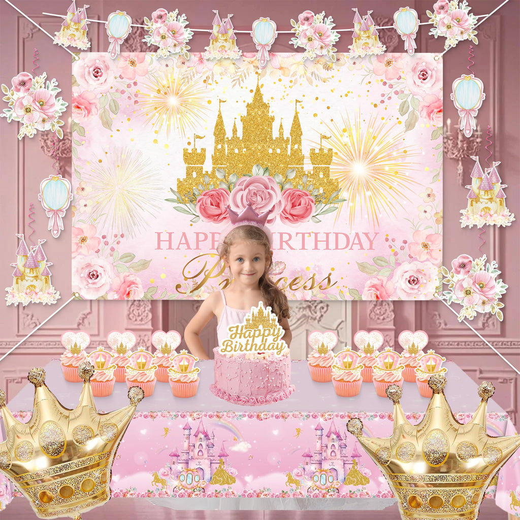 Complete Princess Birthday Decorations Set by Jenlion – Includes Backdrop, Banner, Foil Balloons & Tablecloth