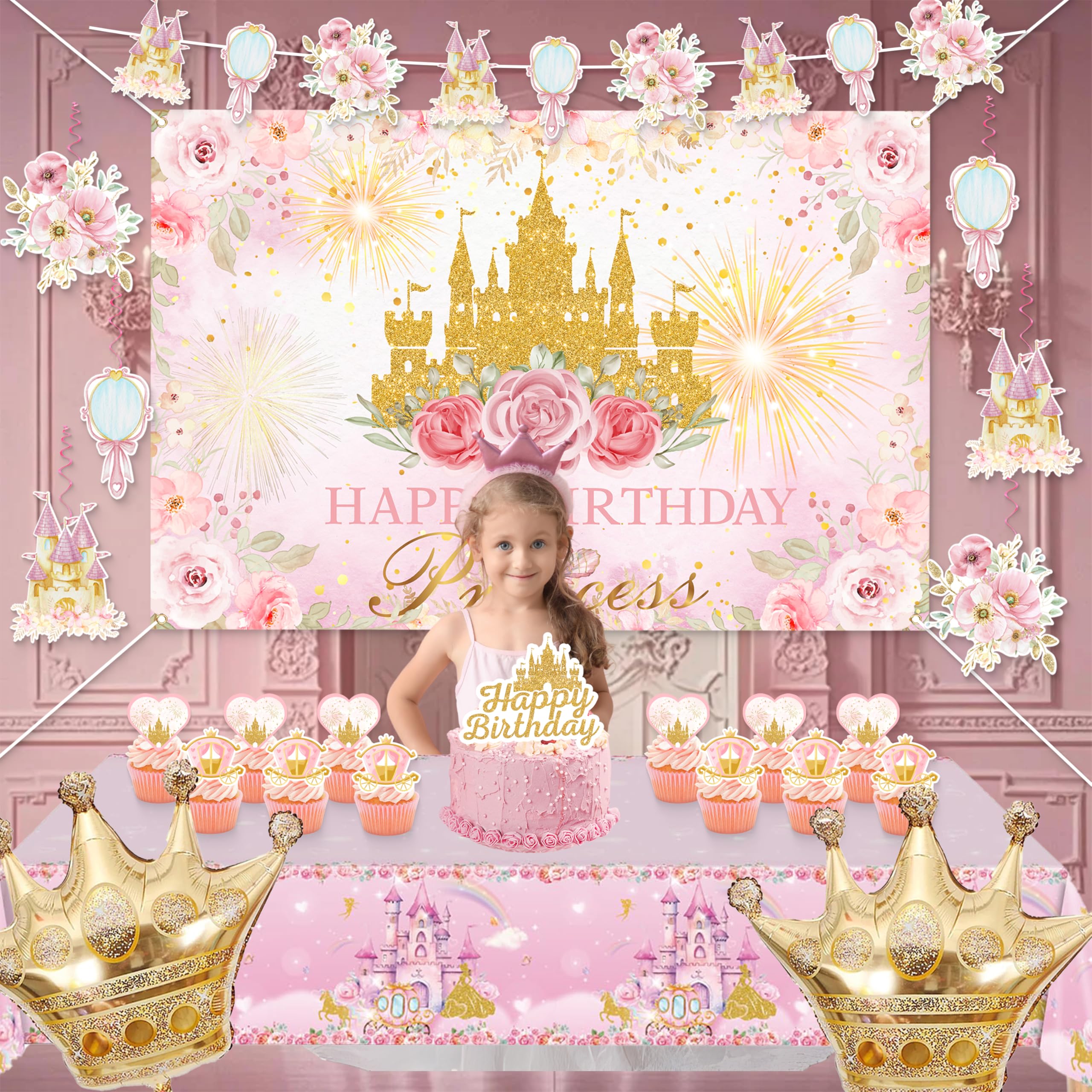 Complete Princess Birthday Decorations Set by Jenlion – Includes Backdrop, Banner, Foil Balloons & Tablecloth