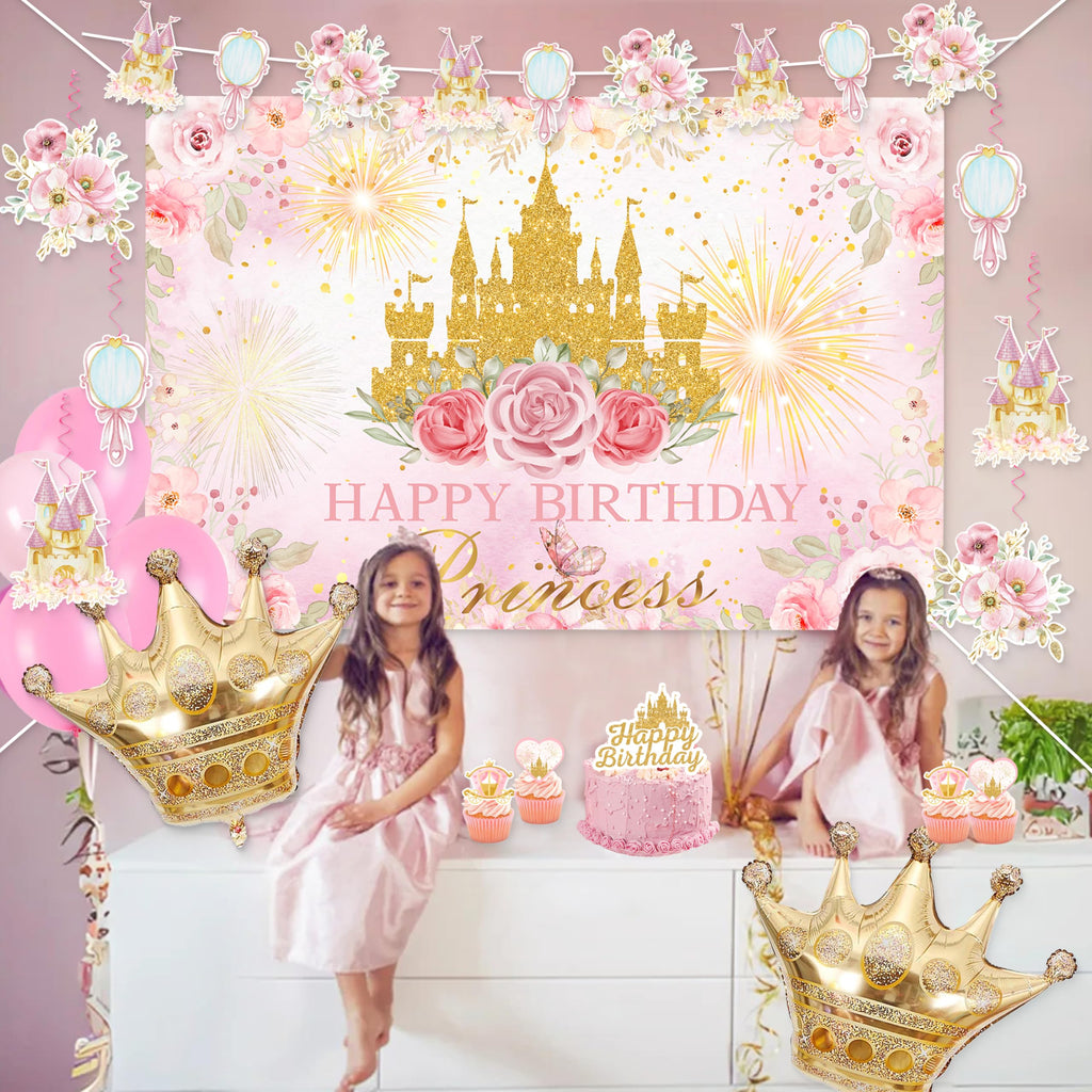 Complete Princess Birthday Decorations Set by Jenlion – Includes Backdrop, Banner, Foil Balloons & Tablecloth