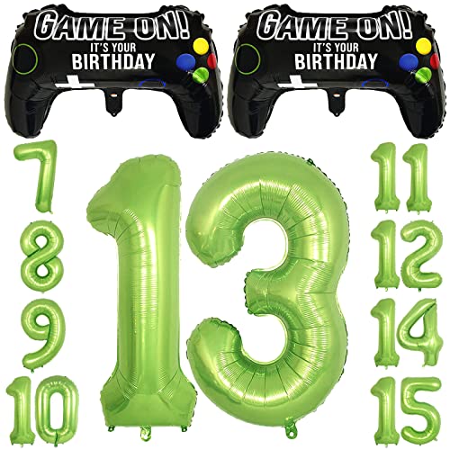 CON GRADS Video Game Party Balloons for 13th Birthday - 2 Game Controller Mylar Balloons + Green Number 13