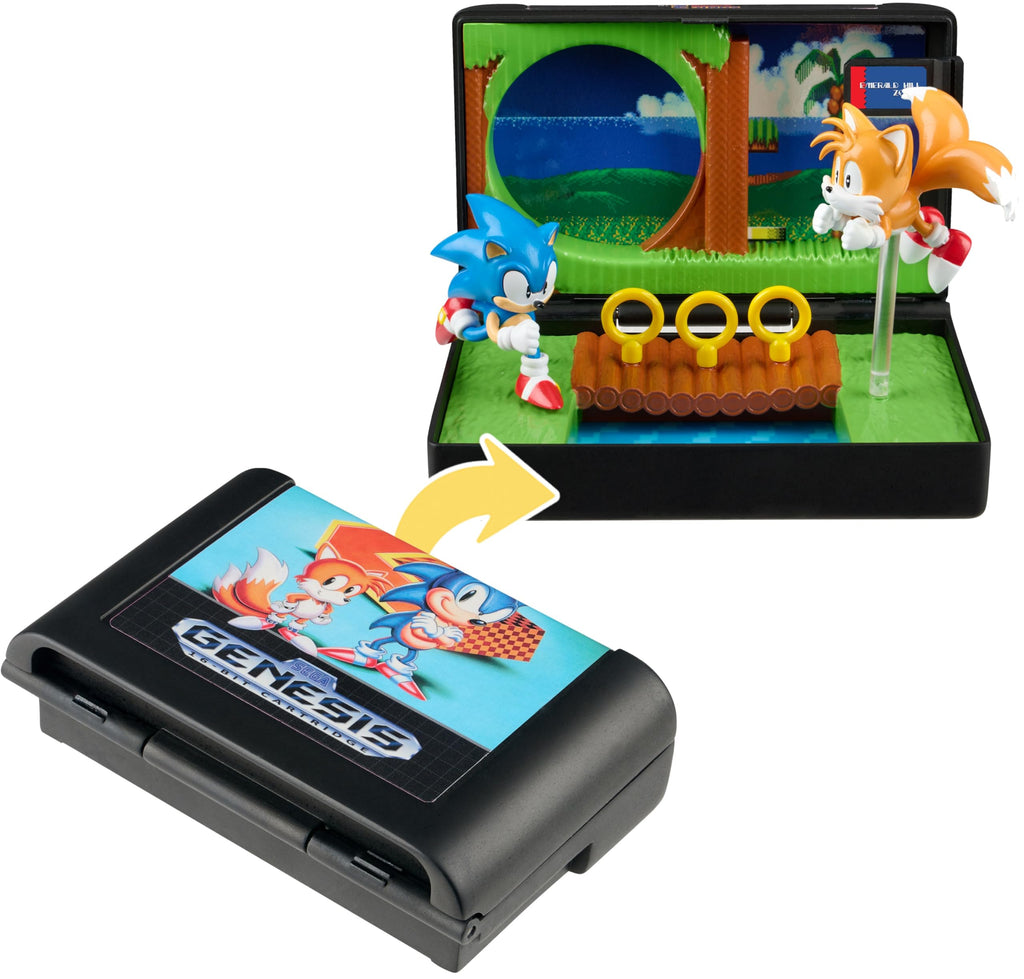 Console Heroes Sonic 2 Diorama Playset: Sonic & Tails Figures, Emerald Hill Zone Scene (Retro Genesis Cartridge)