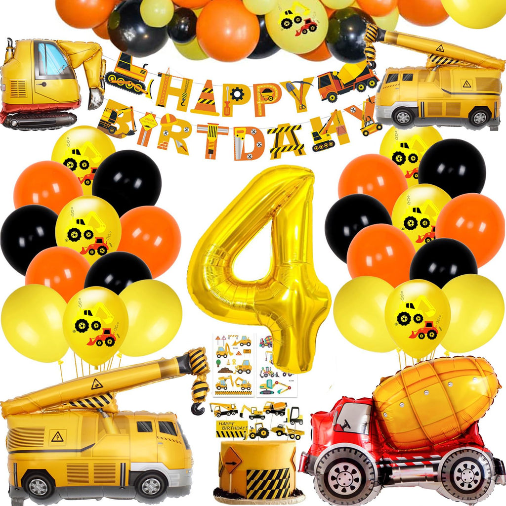 Construction Birthday Balloon Garland Kit with Excavator Theme – 32-Inch Number 4 Foil Balloon & Cake Decor