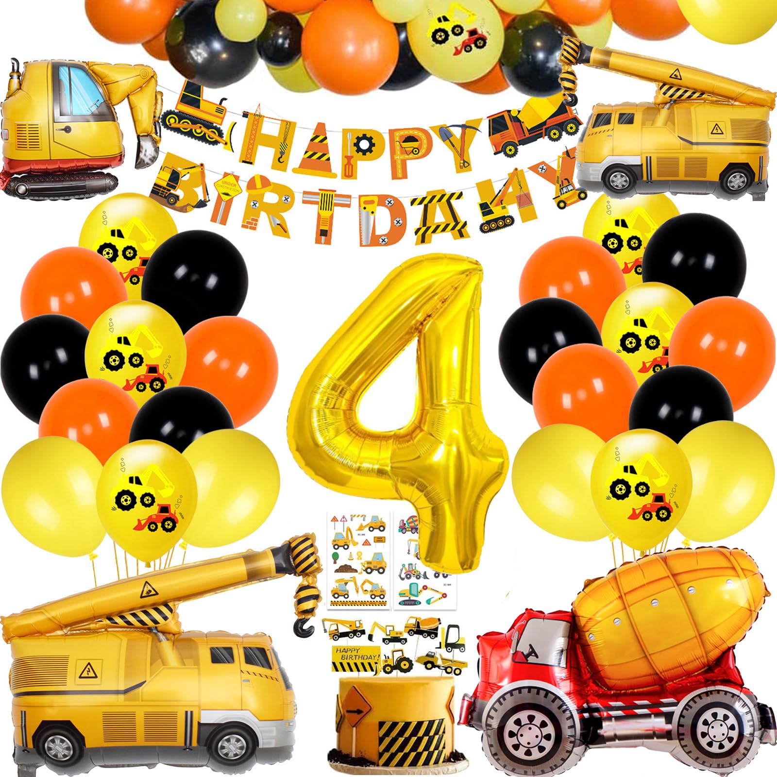 Construction Birthday Balloon Garland Kit with Excavator Theme – 32-Inch Number 4 Foil Balloon & Cake Decor