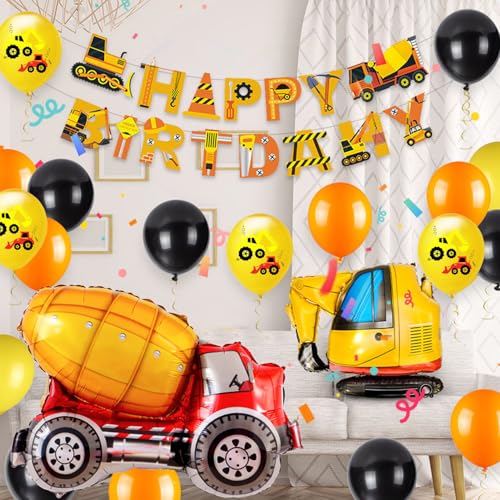 Construction Birthday Balloon Garland Kit with Excavator Theme – 32-Inch Number 4 Foil Balloon & Cake Decor
