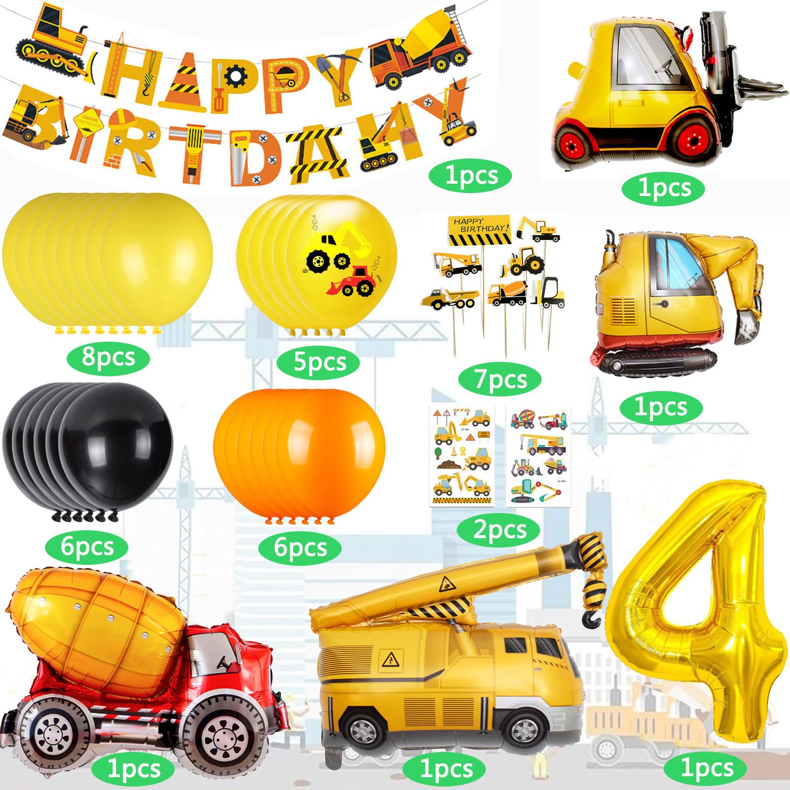 Construction Birthday Balloon Garland Kit with Excavator Theme – 32-Inch Number 4 Foil Balloon & Cake Decor