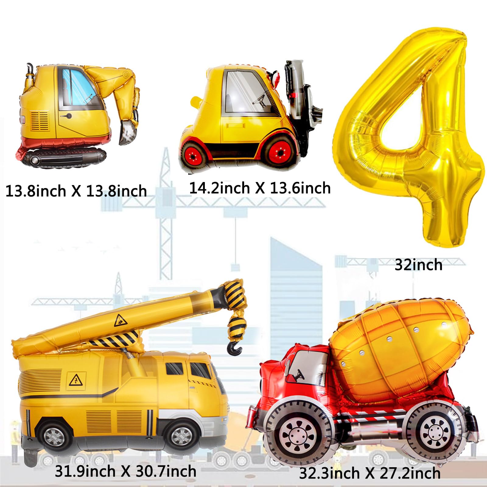 Construction Birthday Balloon Garland Kit with Excavator Theme – 32-Inch Number 4 Foil Balloon & Cake Decor