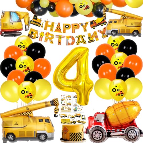 Construction Birthday Balloon Garland Kit with Excavator Theme – 32-Inch Number 4 Foil Balloon & Cake Decor
