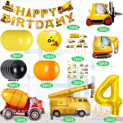 Construction Birthday Balloon Garland Kit with Excavator Theme – 32-Inch Number 4 Foil Balloon & Cake Decor