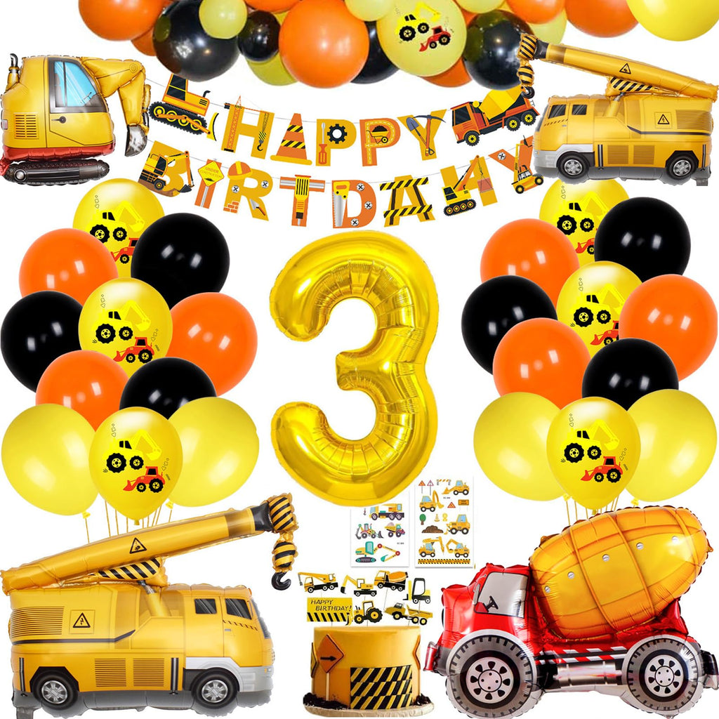 Construction Birthday Party Balloon Set for 3-Year-Old Boy – Excavator Theme with Foil Number 3 and Vehicle Balloons