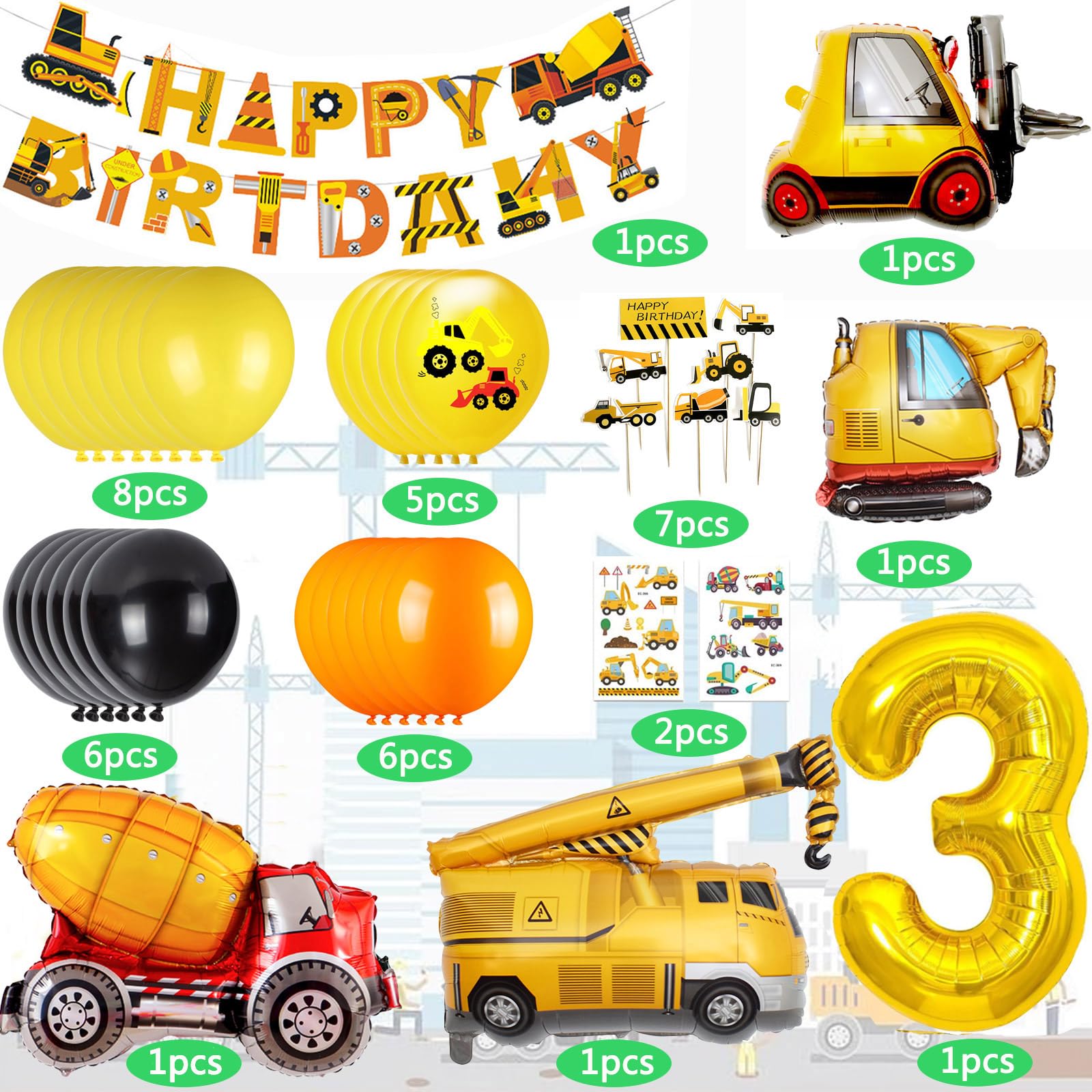 Construction Birthday Party Balloon Set for 3-Year-Old Boy – Excavator Theme with Foil Number 3 and Vehicle Balloons
