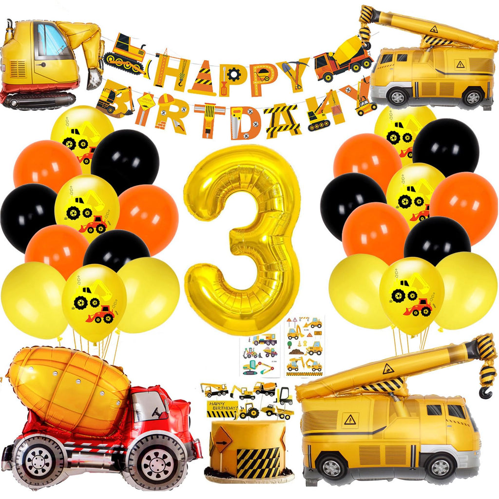 Construction Birthday Party Supplies Kit - Cobesyood 3-Year-Old Theme with Foil Balloons and Decorations