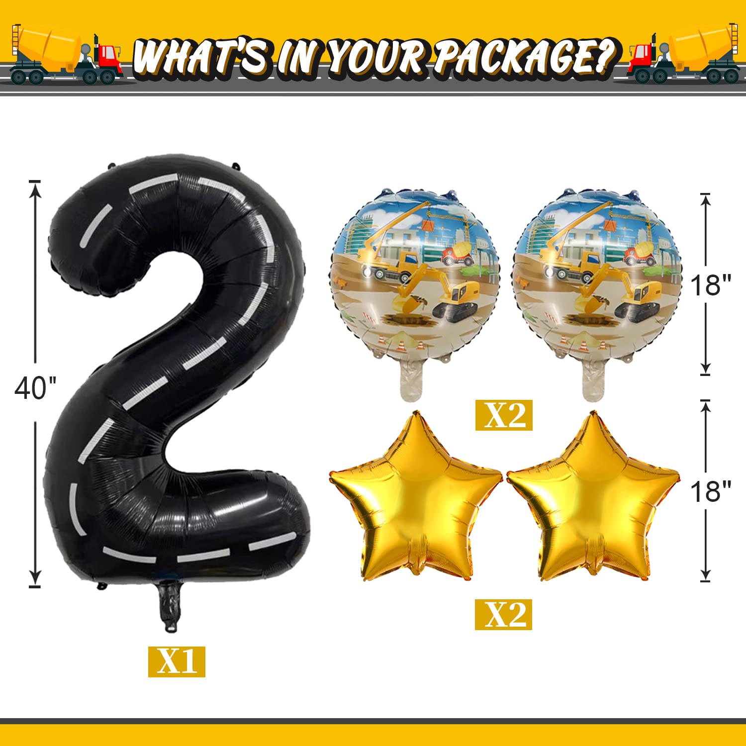 Construction Truck Balloon Set for 2nd Birthday - DUNSEO Mylar Foil Mix