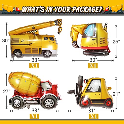 Construction Truck Balloon Set for 4th Birthday Party - 9 Foil Balloons with Excavator, Forklift, Crane, and More