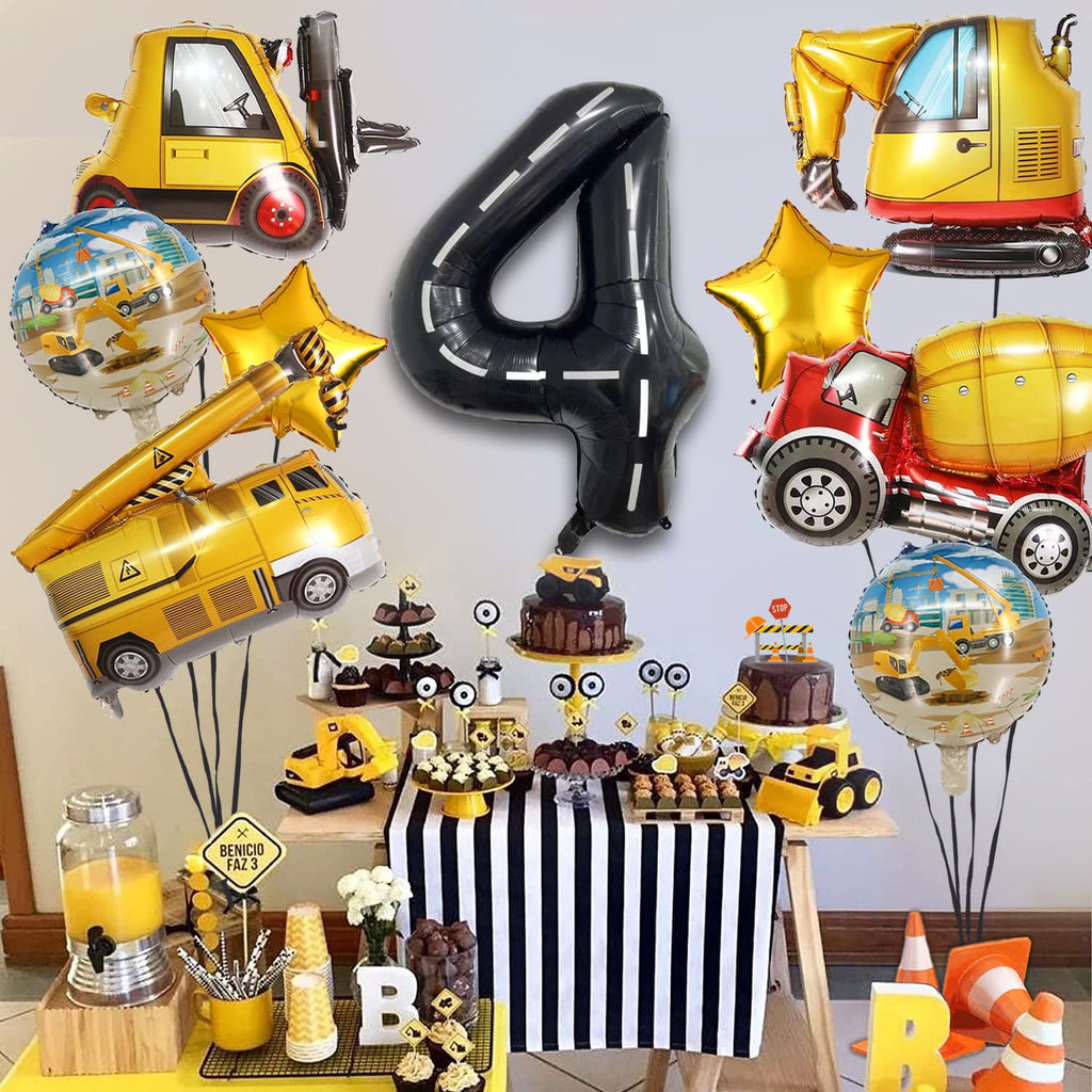 Construction Truck Balloon Set for 4th Birthday Party - 9 Foil Balloons with Excavator, Forklift, Crane, and More
