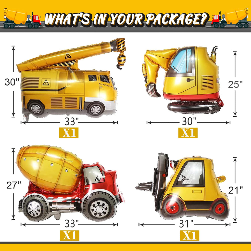 Construction Truck Balloon Set for 4th Birthday Party - 9 Foil Balloons with Excavator, Forklift, Crane, and More