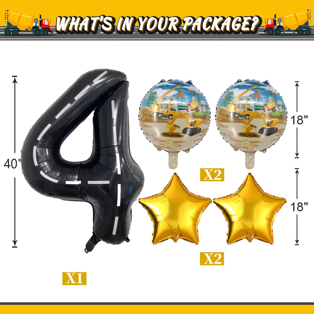 Construction Truck Balloon Set for 4th Birthday Party - 9 Foil Balloons with Excavator, Forklift, Crane, and More