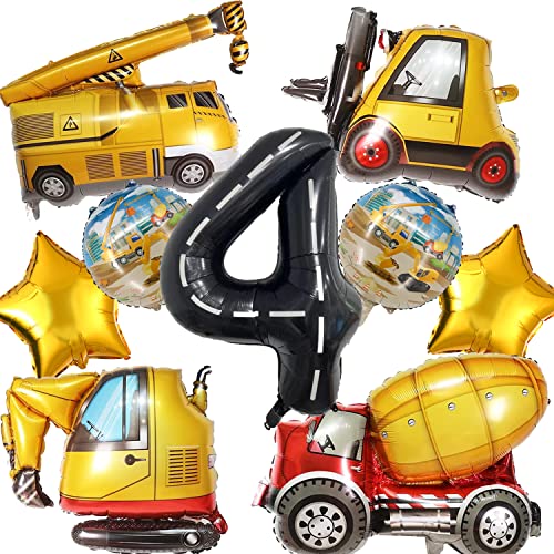 Construction Truck Balloon Set for 4th Birthday Party - 9 Foil Balloons with Excavator, Forklift, Crane, and More